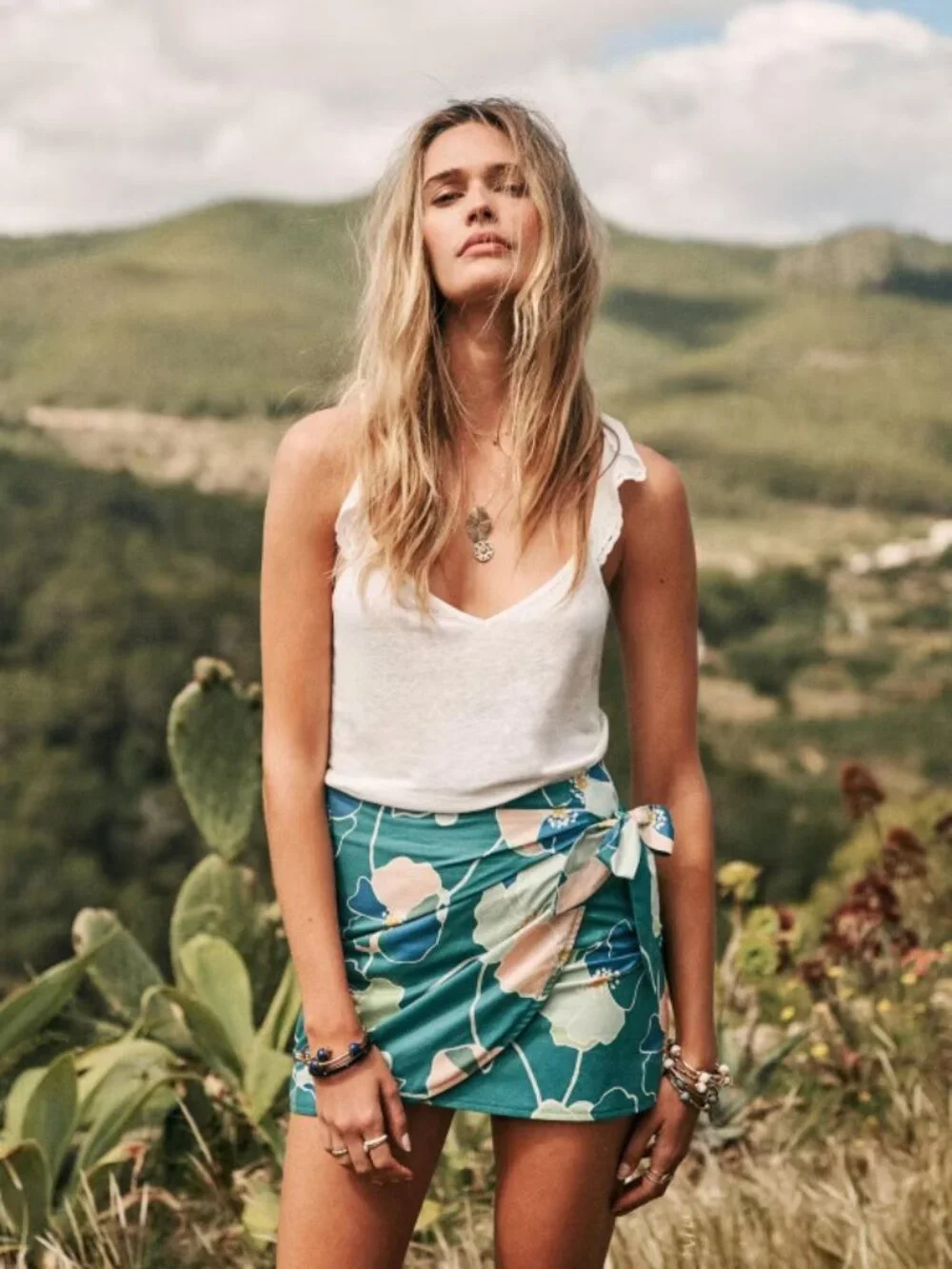 Sézane Pacome Wrap Mini Skirt | Teal Botanical Floral Print | FR 40 / US 8